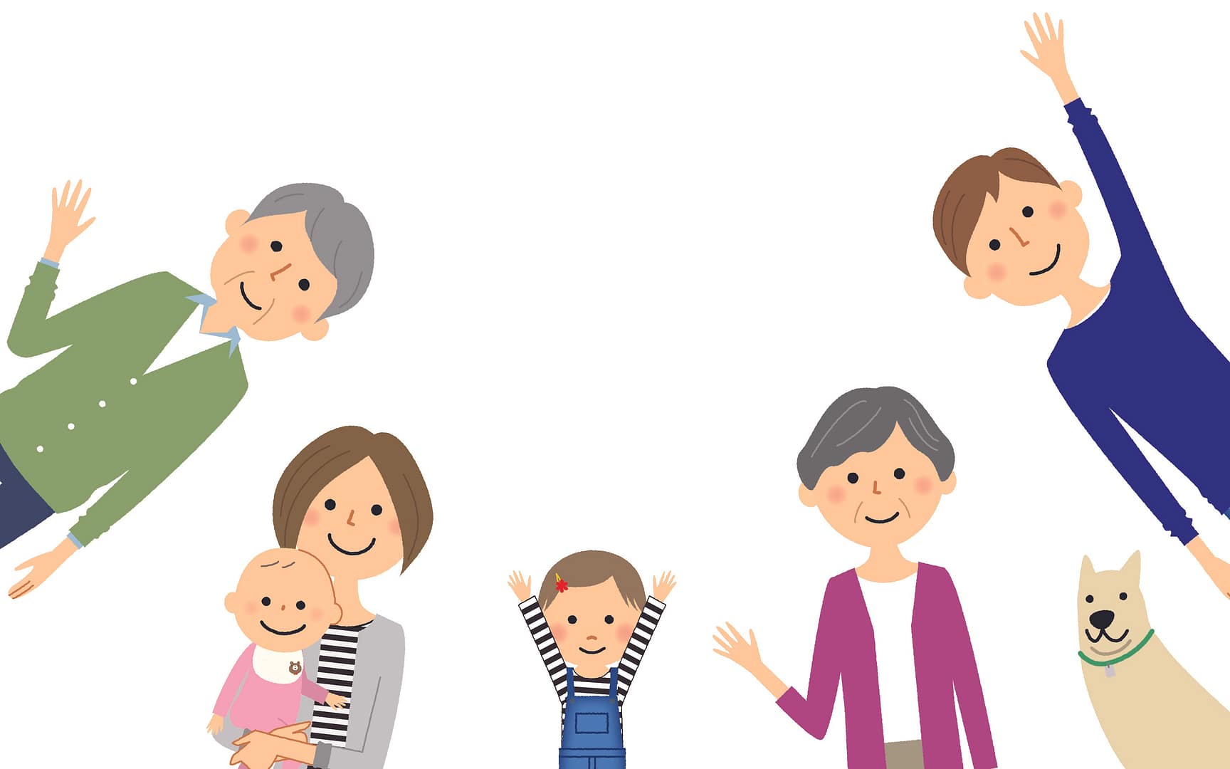 Cartoon like illustration of a maily made up of a grandparent, mum, dad, baby and small girl and a dog all waving