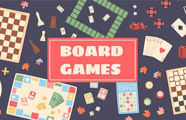 Playful cartoon boardgame banner with chess, cards, dice, and puzzles. Vibrant mix of bingo tiles and table games.