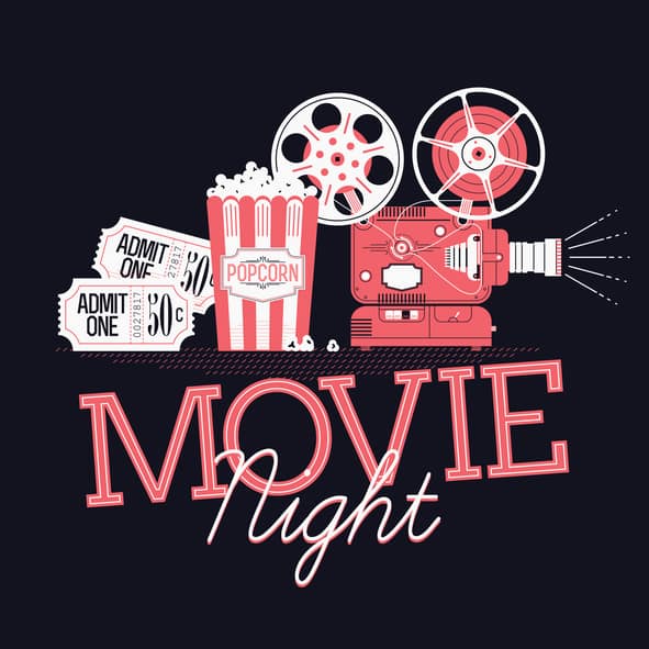 Image shows Movie Night event with detailed retro motion picture film projector, admit one cinema theater tickets and popcorn. Dark background