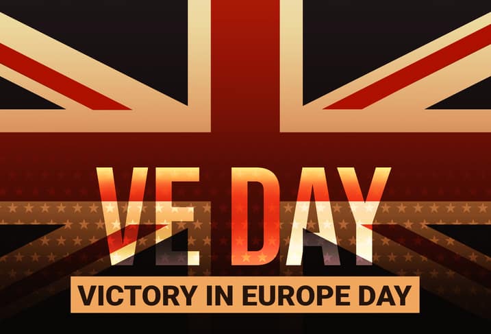 VE Day wallpaper in vintage style with typography and Patriotic colors backdrop. Victory in Europe Day backdrop