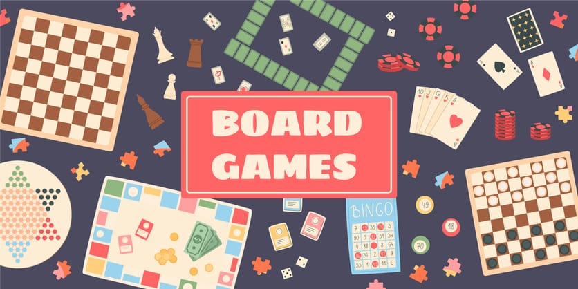 Playful cartoon boardgame banner with chess, cards, dice, and puzzles. Vibrant mix of bingo tiles and table games.